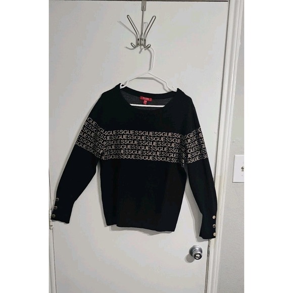 GUESS Los Angeles All Over Logo Print Sweatshirt Black XL Gold Buttons Preppy - Picture 1 of 9